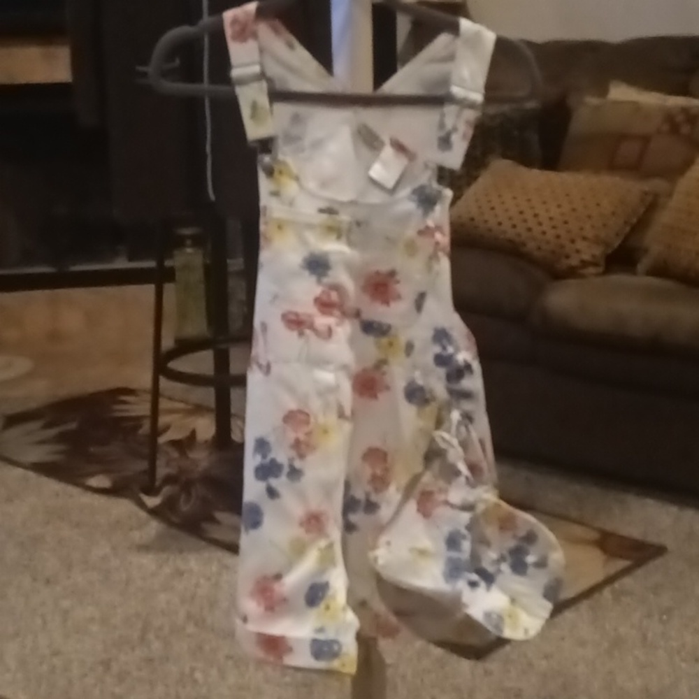 FINAL PRICE NWT RACHEL'S KIDS white floral print overalls w  matching cap
